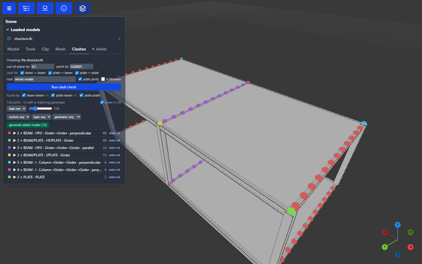 A clash check: every joint in the model, grouped by type